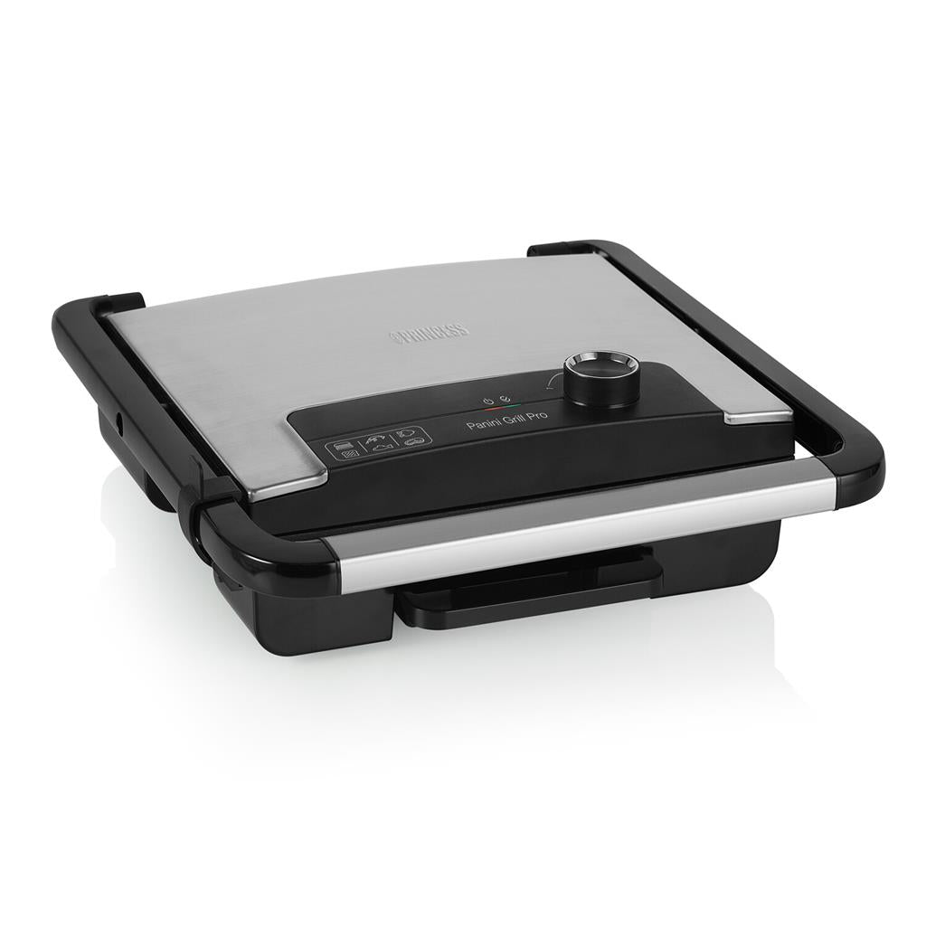 Princess 01.112425.01.001 Pro Panini Grill - 2000W, 30x27cm Grilling Surface, Floating Top Plate, Easy Clean, Black Stainless Steel