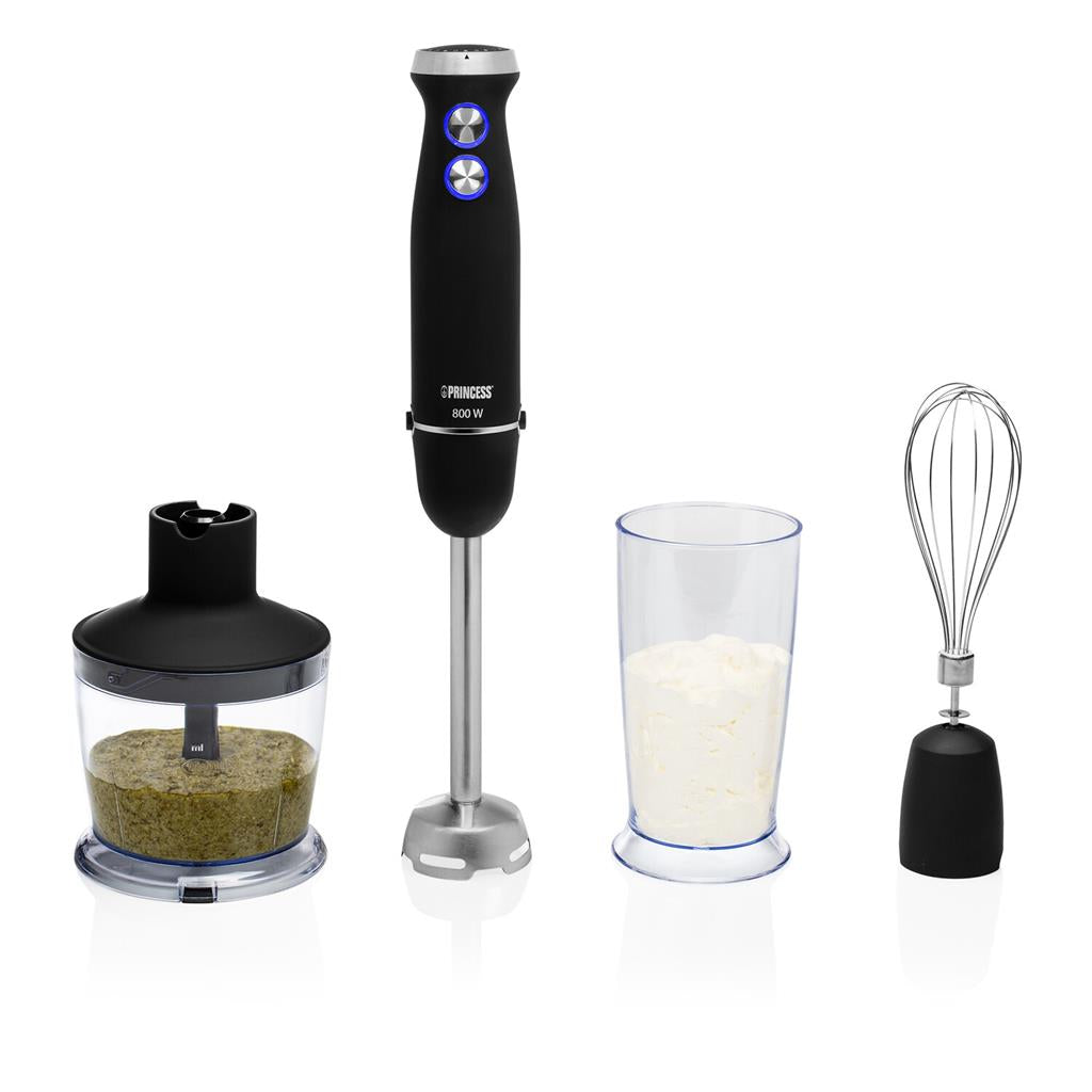 Princess 2212120 Hand Blender Set - Powerful 800W, 4-Blade Stainless Steel, with Chopper, Whisk & 800ml Measuring Cup - Ergonomic Design & Dishwasher Safe